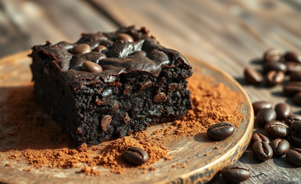 Brownie de feijão-preto cortado em quadrados, com textura úmida e pedacinhos de chocolate visíveis, servido em prato rústico