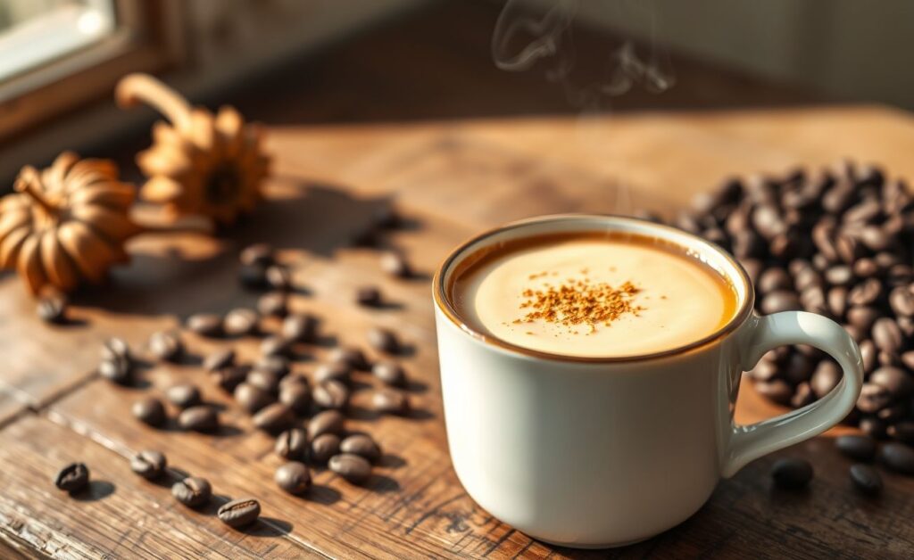 Xícara de Café Com Purê De Sunchoke servido quente, com café escuro sobre purê cremoso claro, decorado com noz-moscada ralada
