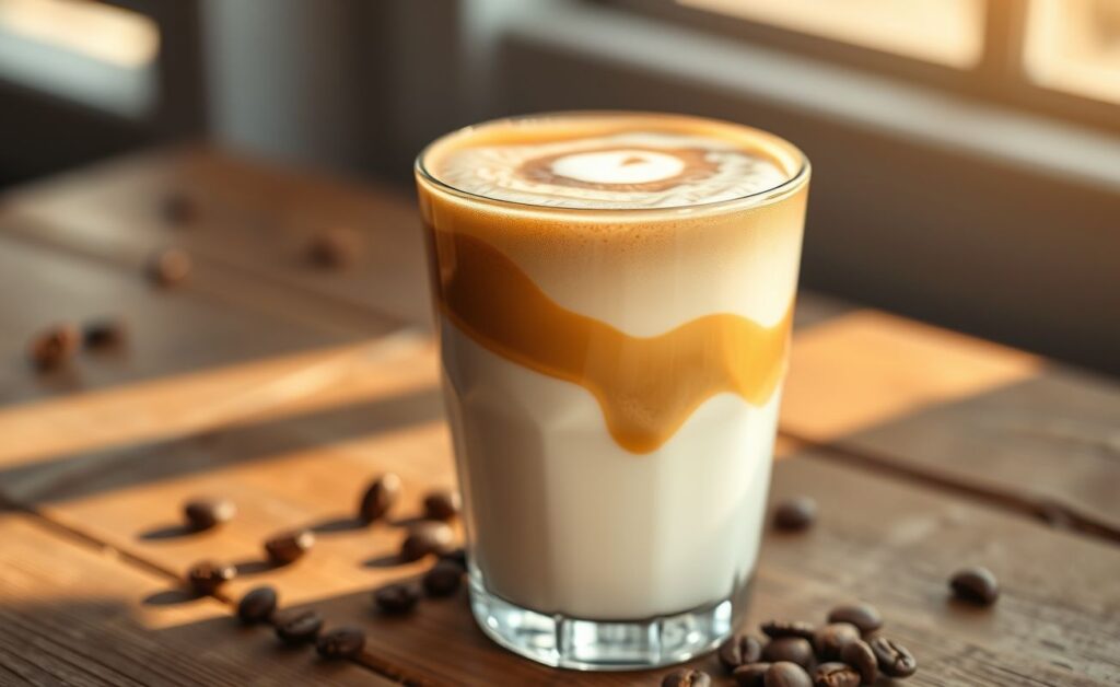Café Dalgona (café cremoso) servido em copo transparente mostrando espuma caramelizada sobre leite branco, com textura aveludada