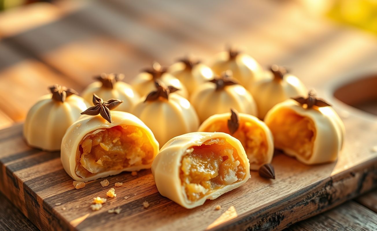 Cajuzinho brasileiro tradicional em formato de mini-cajus, coberto com açúcar cristal e decorado com cravo-da-índia, sobre tábua de madeira