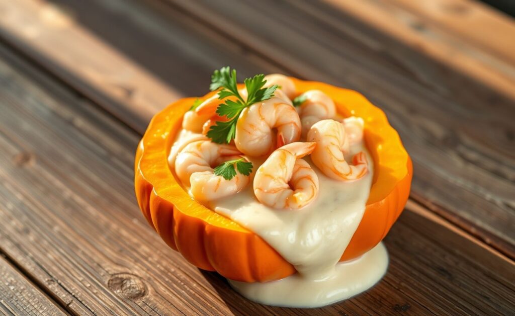 Camarão na Moranga servido dentro de uma moranga laranja brilhante, com recheio cremoso de camarões e decoração de coentro fresco
