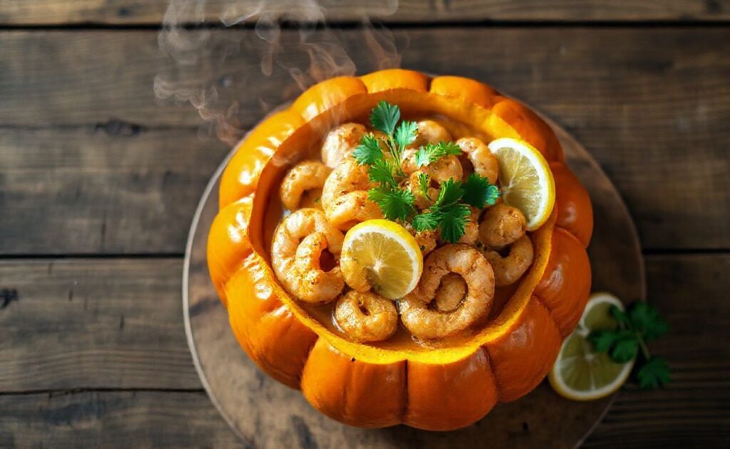Camarão na Moranga servido na própria moranga com creme de camarão, decorado com salsa e fatias de limão