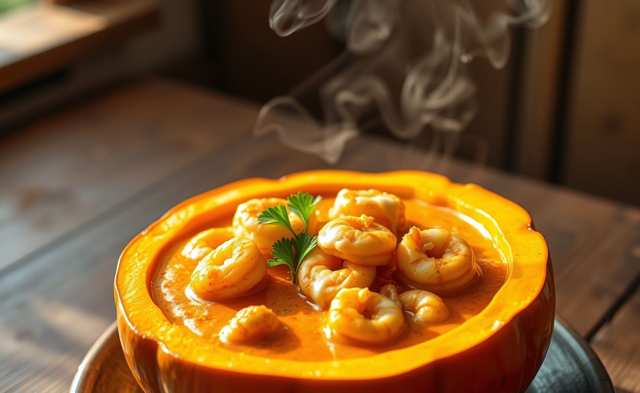 Camarão na Moranga servido na própria abóbora, com recheio cremoso laranja, camarões visíveis e queijo derretido, decorado com salsa fresca