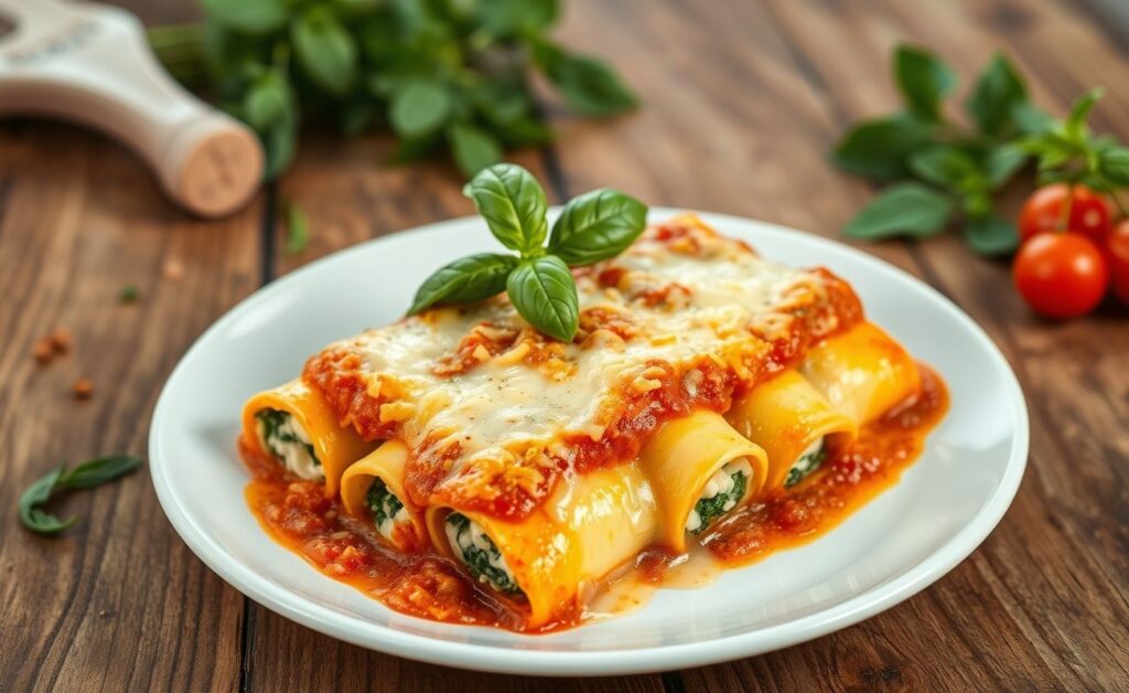 Canelone Recheado assado no forno com molho de tomate e queijo derretido, decorado com folhas de manjericão fresco