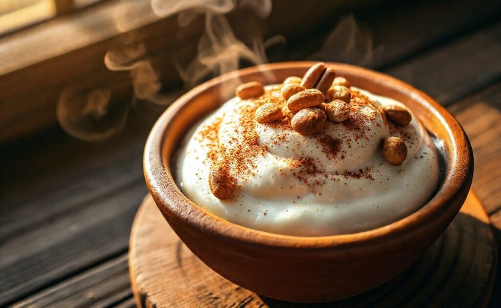 Canjica tradicional brasileira servida em tigela de barro, cremosa com canela polvilhada e amendoim torrado, prato típico das festas juninas