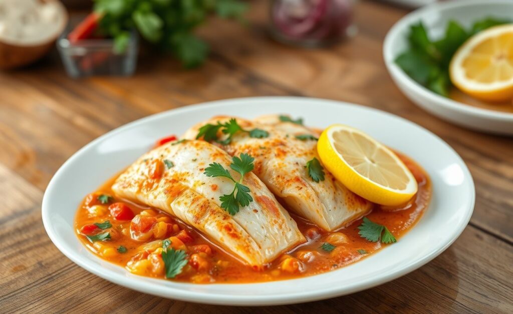 Prato de cação ao molho com filés dourados em molho cremoso de tomate, decorado com salsinha e rodelas de limão