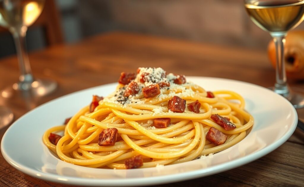 Prato de spaghetti carbonara cremoso com pedaços crocantes de pancetta, queijo ralado e pimenta preta