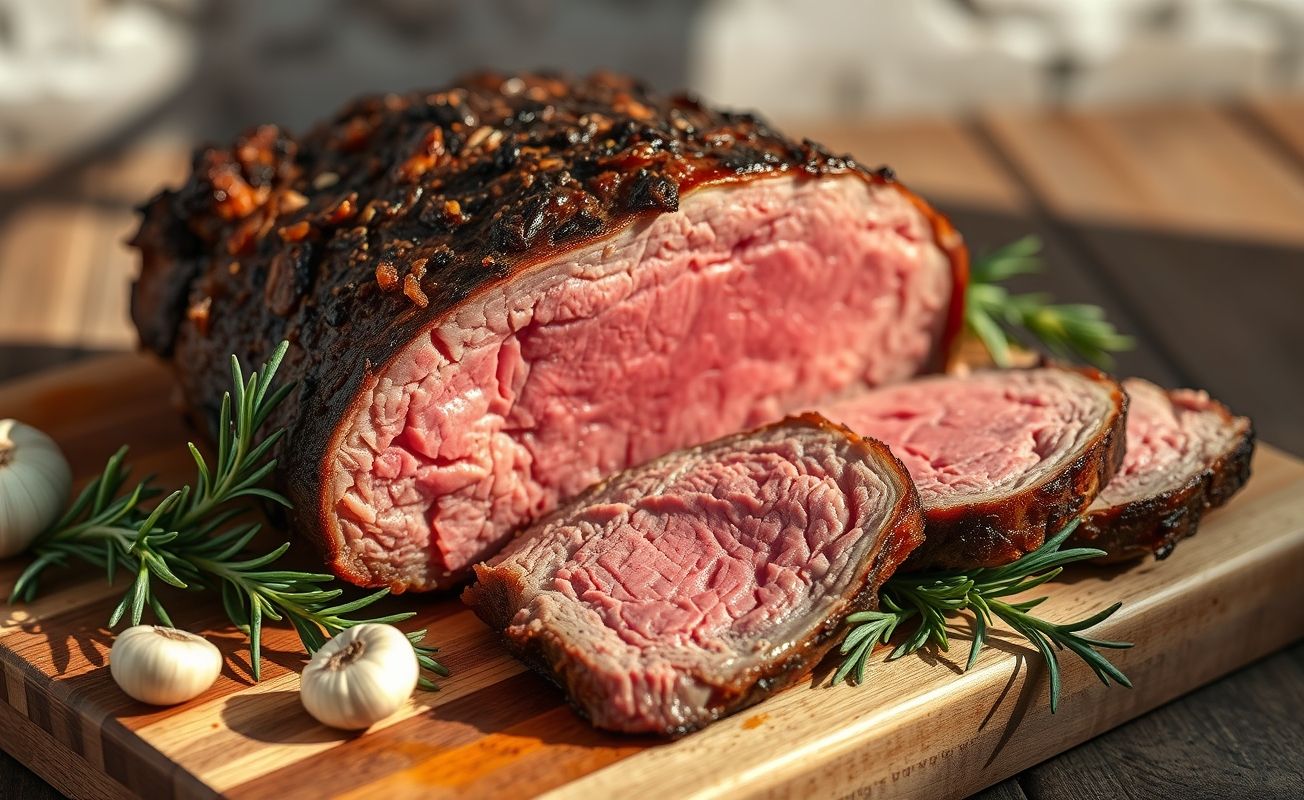 Carne assada fatiada mostrando interior rosado e suculento, disposta em tábua de madeira com ramos de alecrim
