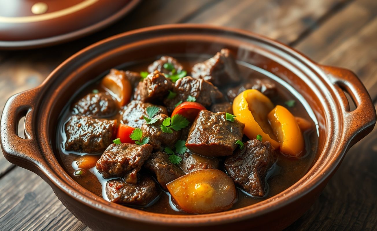 Carne de Panela brasileira tradicional com pedaços suculentos de carne em molho encorpado, servida em panela de barro com salsa fresca