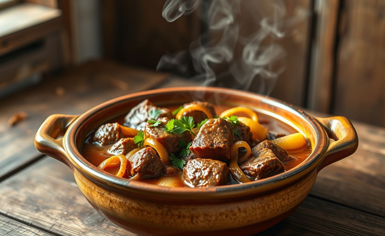 Carne de panela tradicional brasileira com pedaços macios de carne bovina em molho encorpado e cebolas caramelizadas, servida em panela de barro