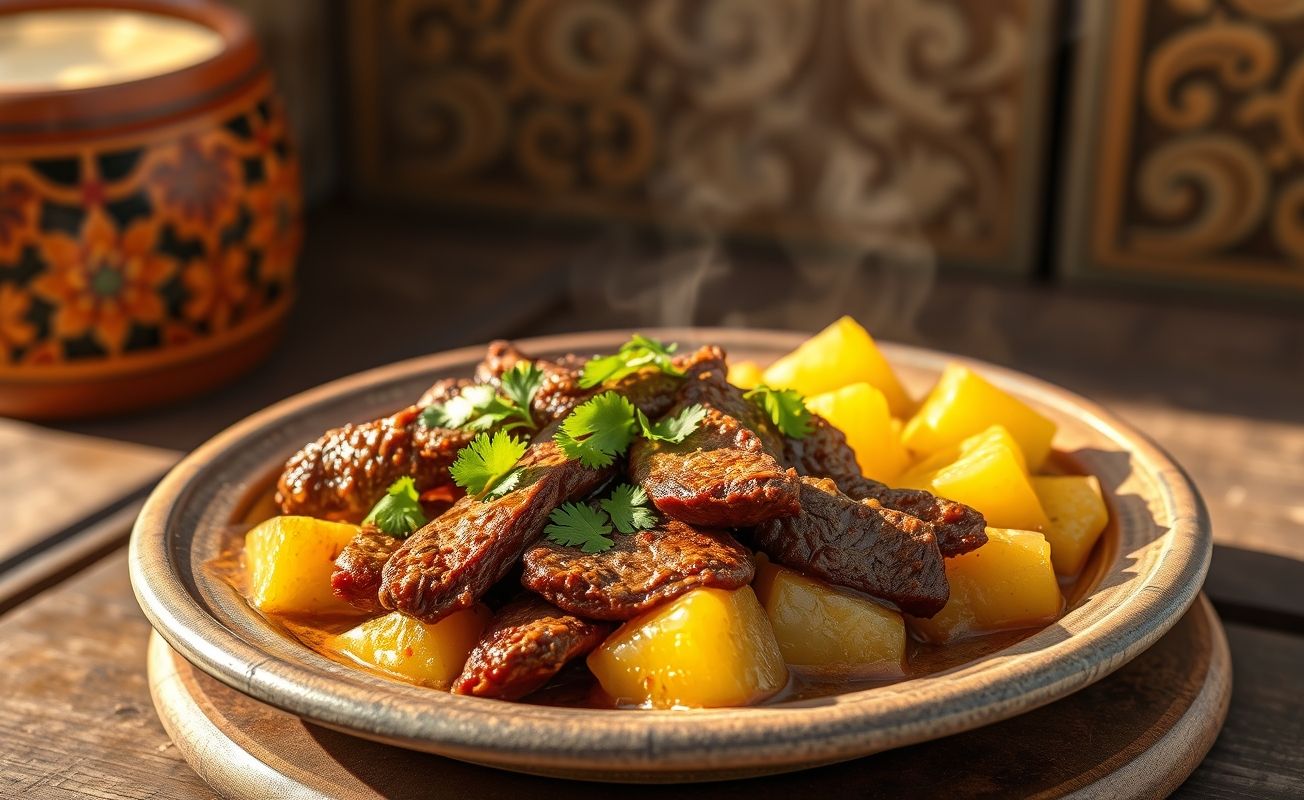 Prato tradicional de Carne de Sol com Macaxeira, com carne suculenta sobre mandioca cremosa, decorado com coentro fresco em louça rústica