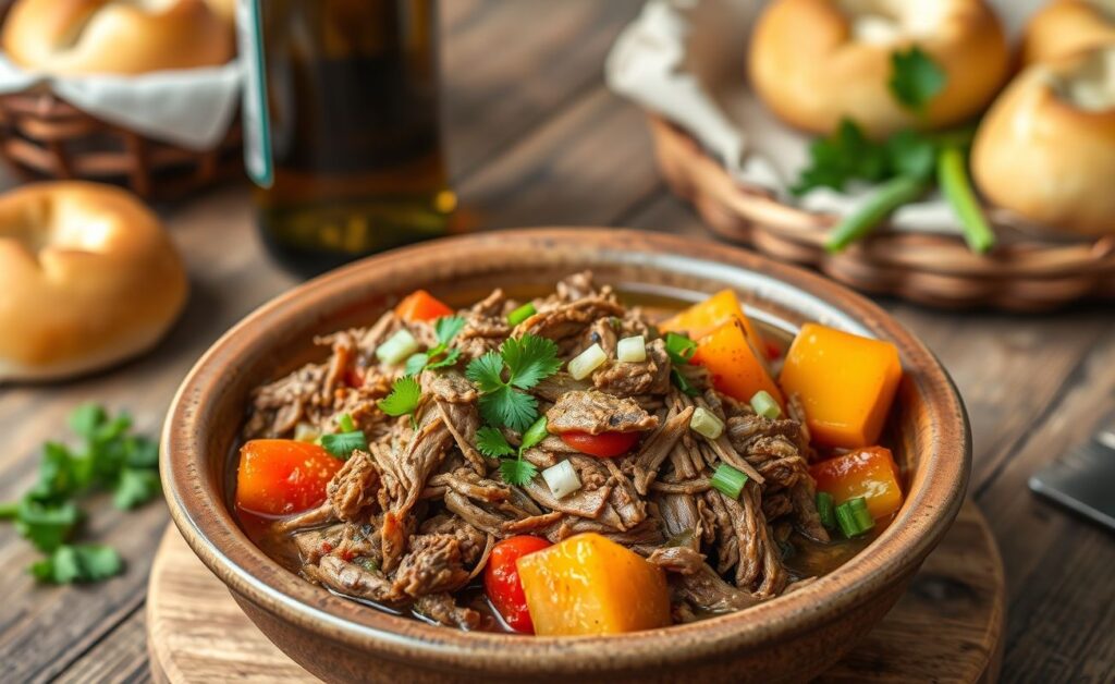 Carne louca desfiada com molho cremoso e pedaços de pimentão, servida em tigela rústica com salsinha fresca por cima