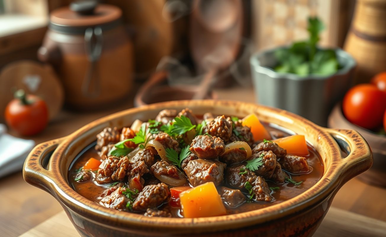 Carne moída refogada brasileira em bowl cerâmico, com textura úmida e pedaços visíveis de cebola, tomate e cheiro-verde