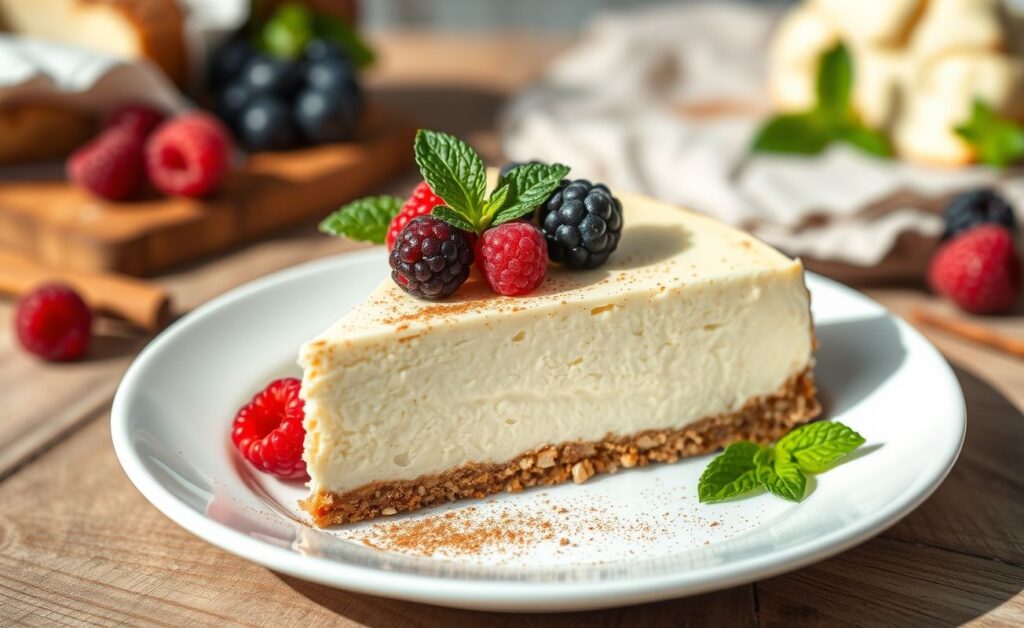 Fatia de Cheesecake de couve-flor cremoso com base crocante de nozes, decorado com frutas vermelhas e folhas de hortelã
