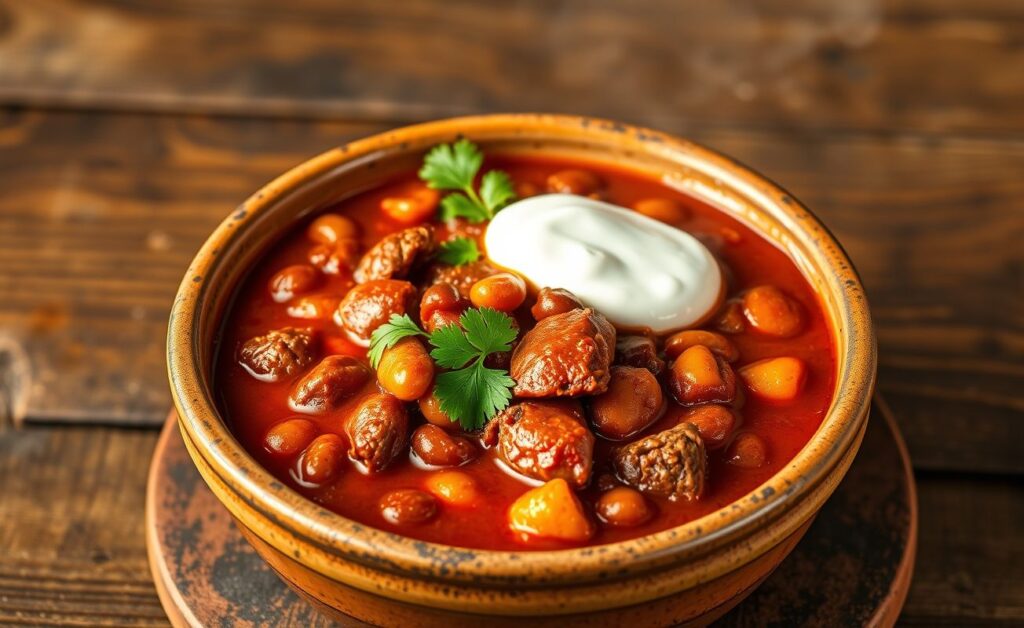 Chilli com Carne servido em tigela com molho encorpado, pedaços de carne, feijão vermelho e decorado com coentro fresco