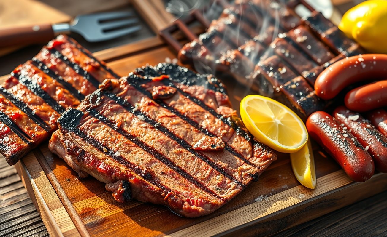 Churrasco brasileiro com picanha grelhada, costela bovina e linguiça calabresa, apresentado em tábua de madeira rústica com limões