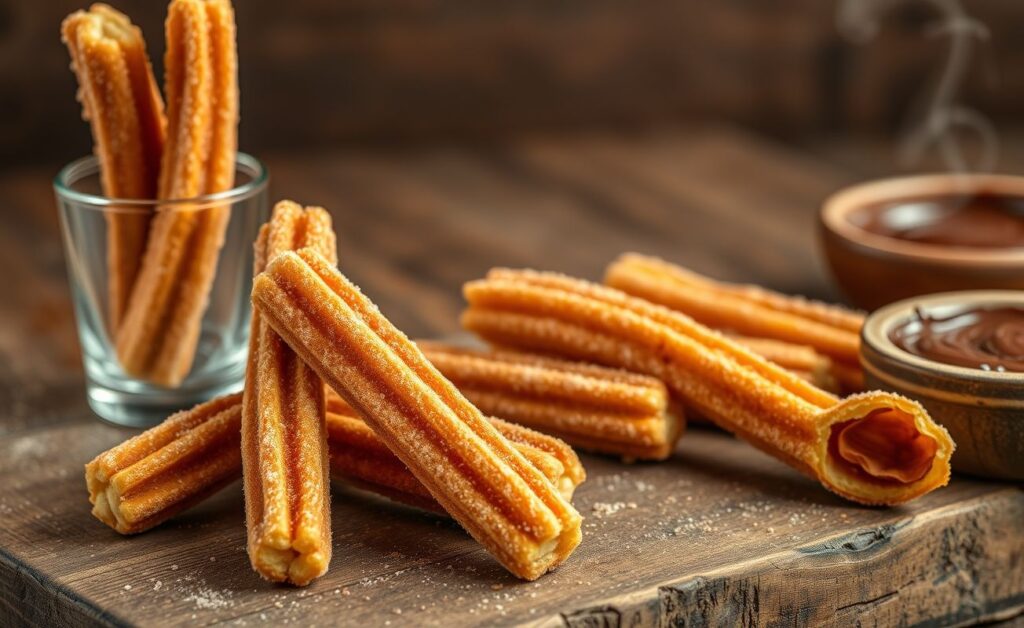 Churros caseiro recém-saído da fritura, dourado e crocante, polvilhado com açúcar e canela, servido com chocolate derretido ao lado