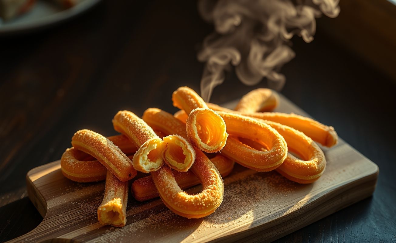 Churros tradicionais fritos, polvilhados com canela e açúcar, dourados e crocantes, dispostos em prato rústico