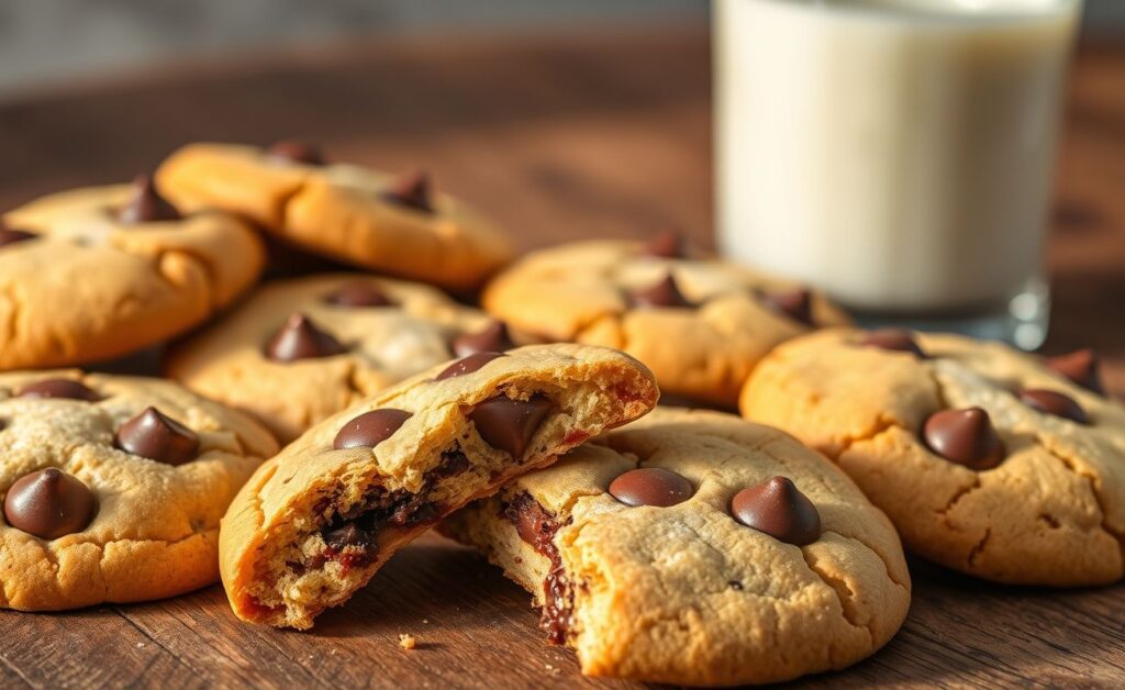 Cookies Americanos recém-saídos do forno com gotas de chocolate derretido, crocantes nas bordas e macios no centro, dispostos em uma tábua de madeira rústica