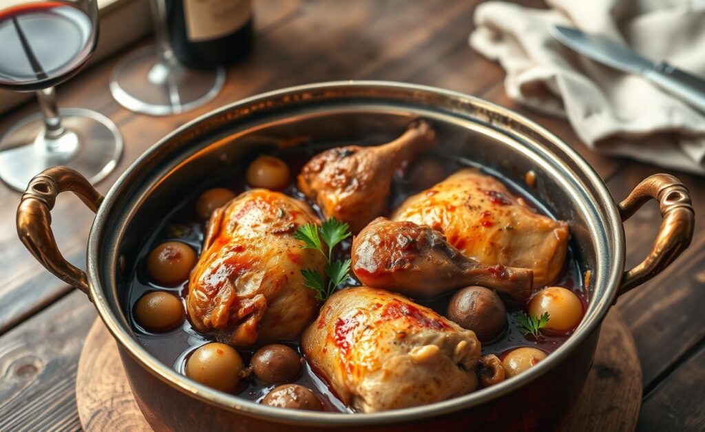 Prato tradicional francês Coq au vin (frango ao vinho) com pedaços suculentos de frango em molho encorpado de vinho tinto, acompanhado de cogumelos e cebolas pequenas