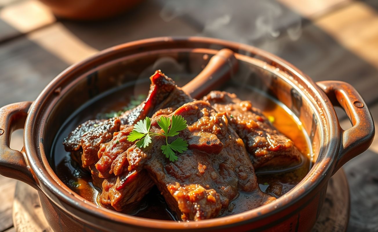 Costela no Bafo servida em panela de barro com carne macia escura e caldo espesso, decorada com salsa fresca