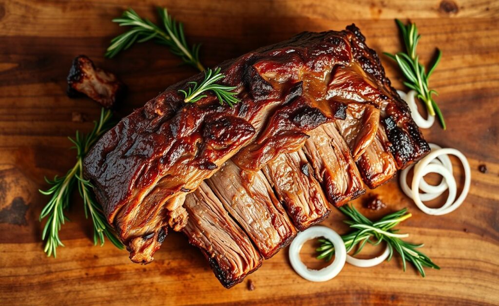 Costela no bafo tradicional brasileira servida em tábua de madeira, com carne macia desfiando e suco natural escorrendo.