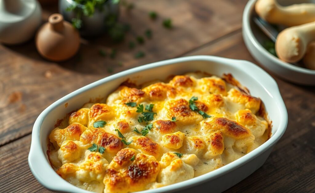 Receita com couve-flor gratinada servida em travessa branca, com crosta dourada de queijo derretido e buquês de couve-flor visíveis sob o molho cremoso
