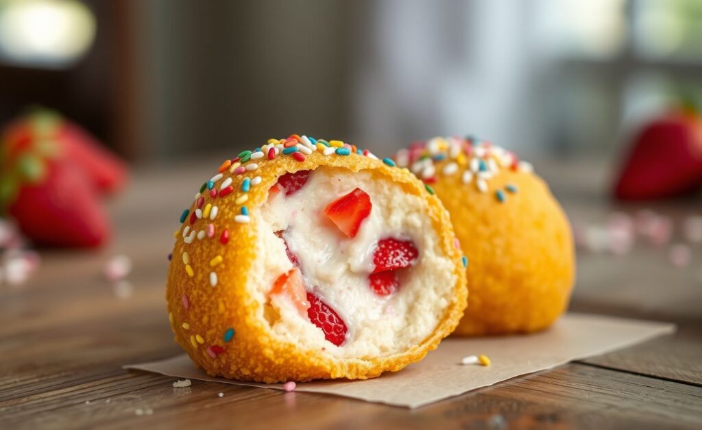 Coxinha De Brigadeiro Com Morango crocante por fora e cremosa por dentro, com pedaços de morango visíveis e decorada com granulado colorido