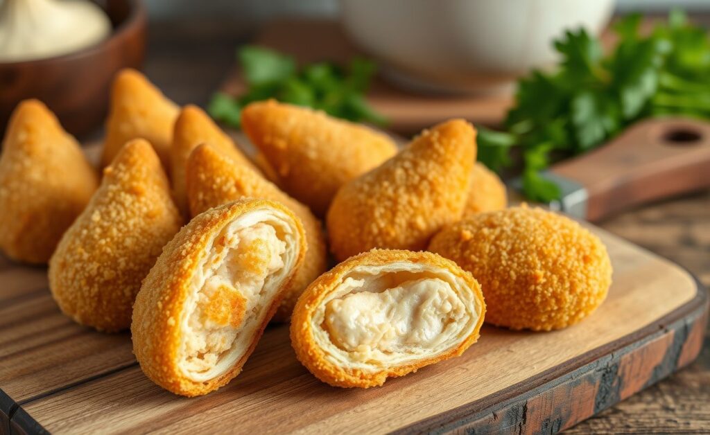Coxinha de frango dourada e crocante em formato de gota, com recheio cremoso visível onde foi cortada ao meio