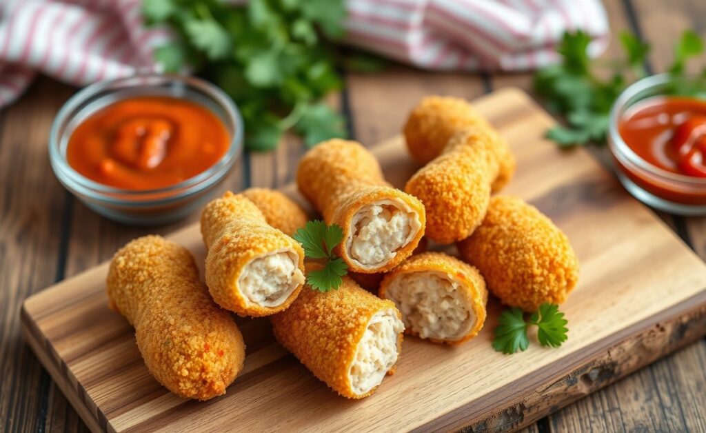 Coxinha de frango frita dourada com recheio cremoso visível em algumas unidades cortadas ao meio, dispostas em tábua de madeira