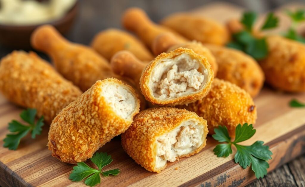 Coxinha de Frango dourada e crocante em cima de tábua de madeira, algumas cortadas mostrando o recheio cremoso de frango desfiado