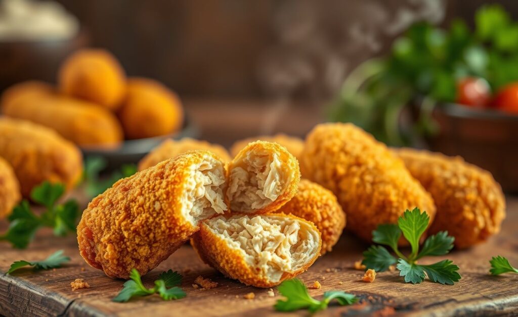 Coxinha de frango dourada e crocante em formato de drumstick, com recheio de frango desfiado visível em uma delas que está partida ao meio