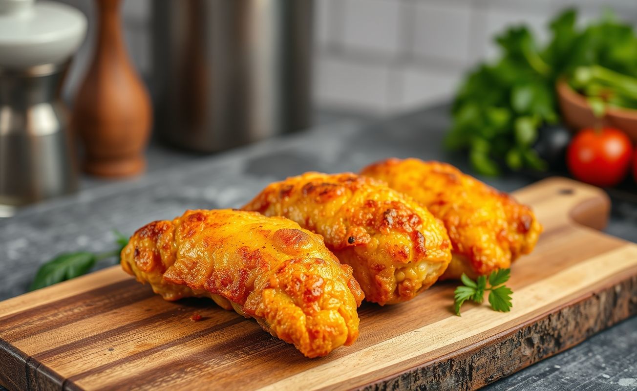 Coxinhas de frango fritas douradas e crocantes dispostas em bandeja de madeira, mostrando textura perfeita