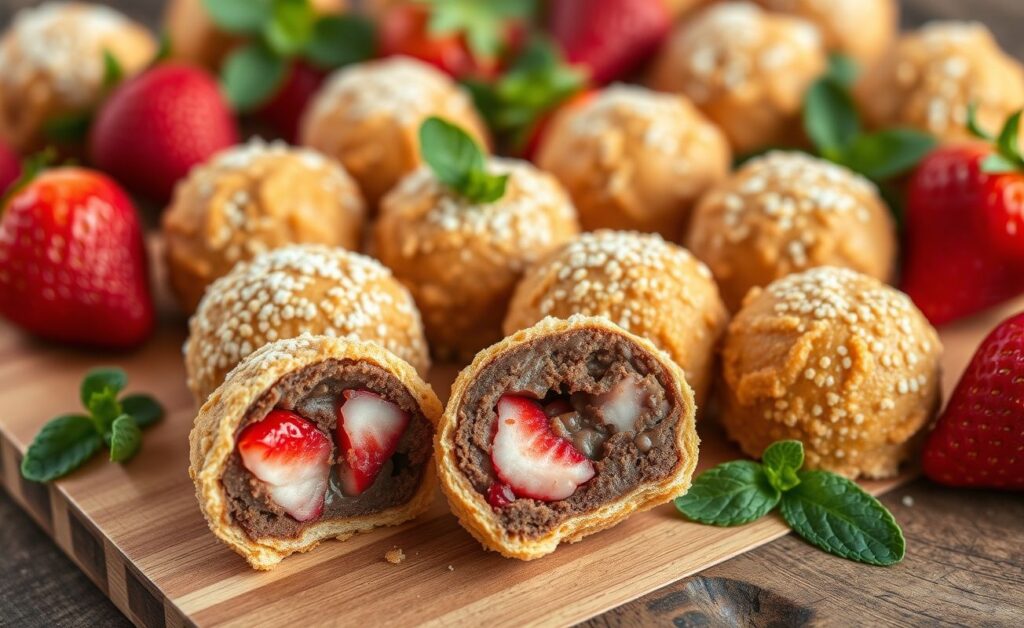 Coxinha De Morango Com Brigadeiro dourada e crocante por fora com recheio cremoso de chocolate e morango visível no corte