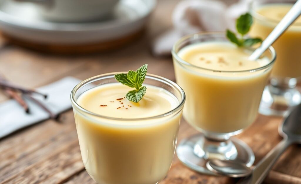 Creme Belga Receita servido em taças transparentes, com textura lisa e cor dourada clara, decorado com favas de baunilha