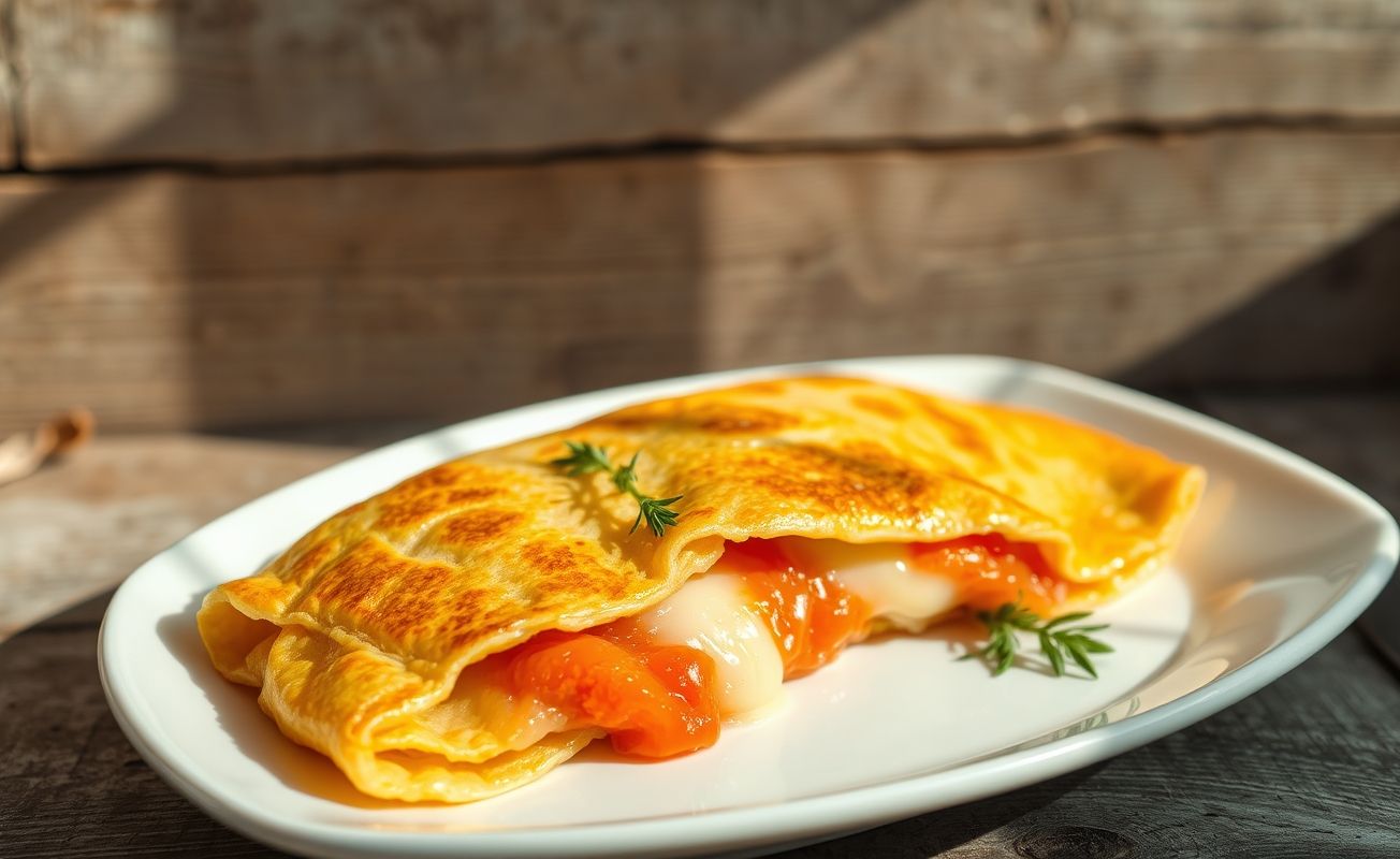 Crepioca dourada e perfeita servida em prato branco, mostrando recheio derretido de queijo e tomate com detalhes de ervas frescas