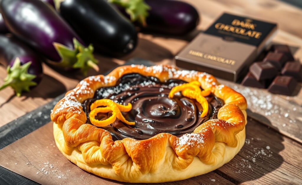 Crostata De Berinjela Com Chocolate assada com massa dourada e recheio escuro, decorada com raspas de laranja e açúcar em pó