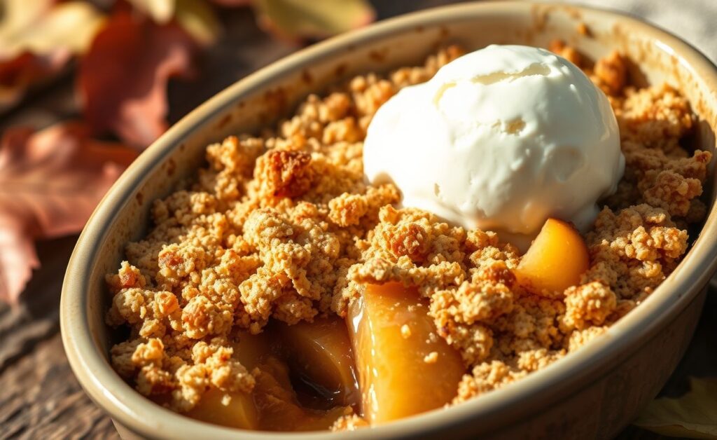 Crumble de maçã dourado em travessa rústica com cobertura crocante e recheio de maçãs caramelizadas, acompanhado de sorvete.