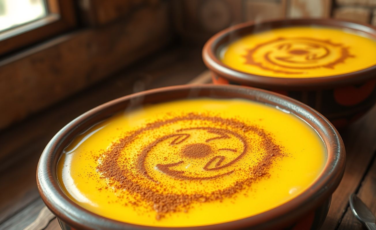 Curau de milho cremoso servido em tigela de barro com canela polvilhada, textura sedosa e cor dourada
