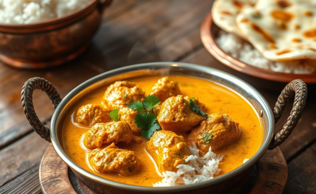 Curry de frango servido em tigela dourada com molho cremoso, pedaços de frango e coentro fresco, acompanhado de arroz branco.