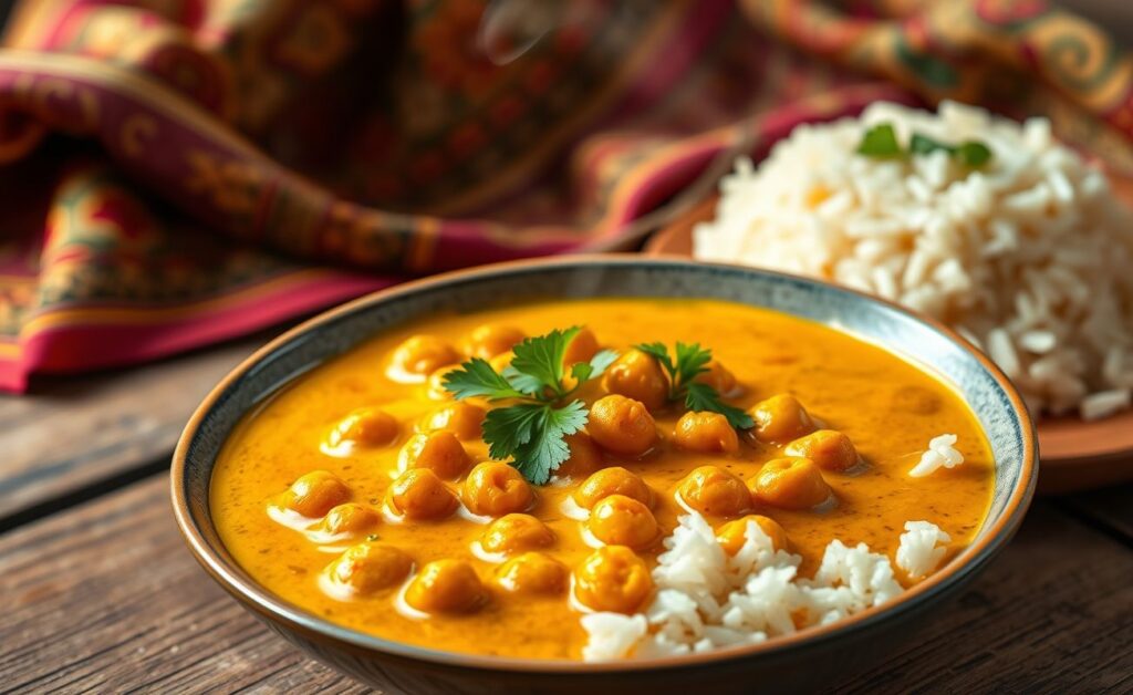 Curry De Grão-De-Bico servido em tigela dourada com grãos-de-bico visíveis, molho cremoso e decorado com coentro fresco, acompanhado de arroz basmati.