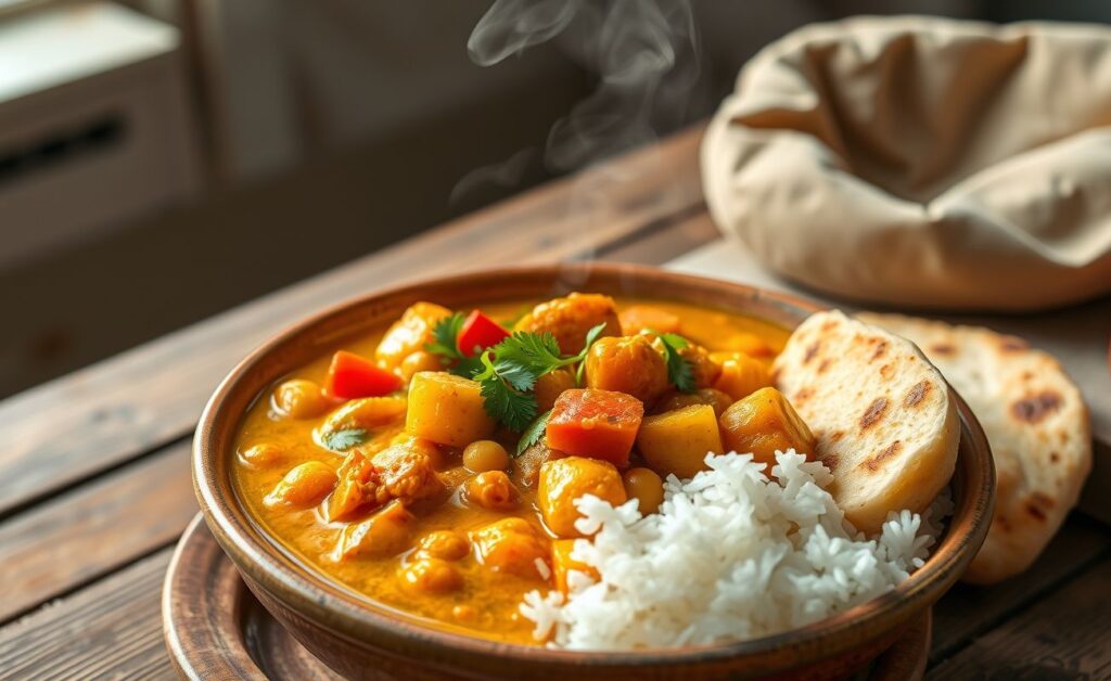 Curry de legumes servido em tigela com arroz basmati ao lado, mostrando legumes coloridos em molho cremoso dourado, decorado com coentro fresco