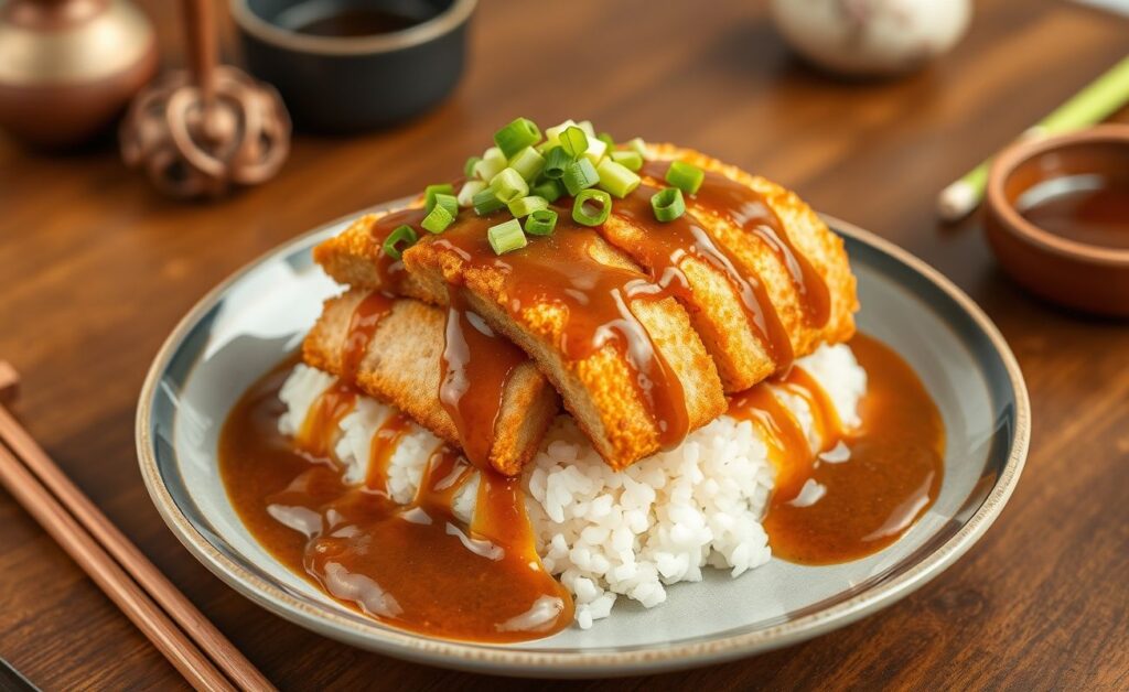 Prato de Curry Katsu japonês com carne empanada crocante cortada em fatias sobre arroz branco, coberto com molho de curry marrom dourado e decorado com cebolinha verde