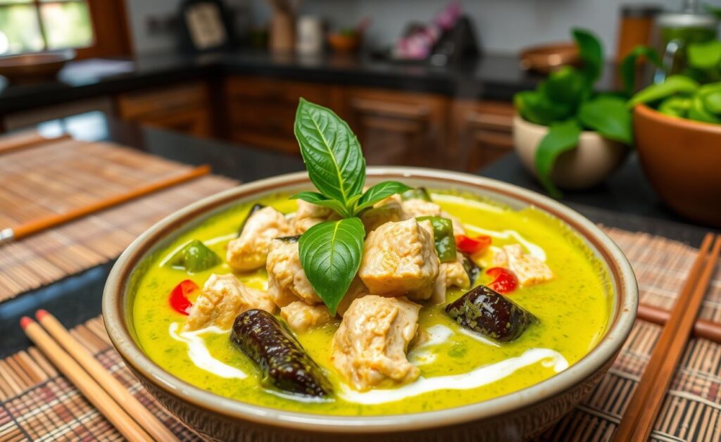 Curry Verde Tailandês servido em tigela com frango, vegetais e leite de coco cremoso, decorado com folhas frescas