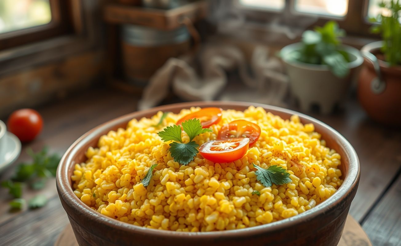 Cuscuz nordestino tradicional servido na cuscuzeira de barro, textura fofinha com tomate e coentro, prato típico do Nordeste brasileiro