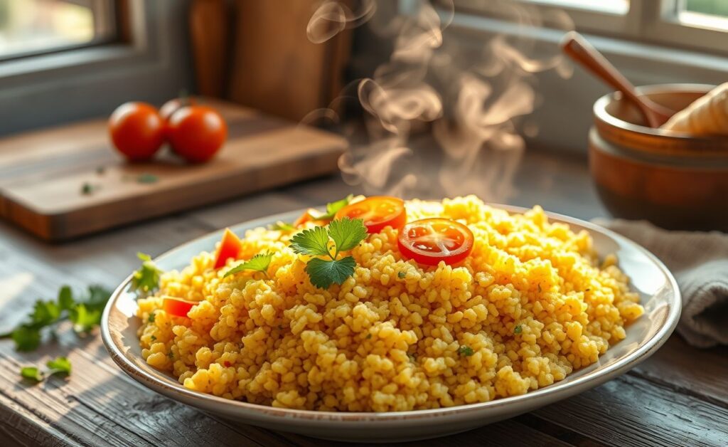 Cuscuz Nordestino tradicional servido em tigela de barro, com grãos dourados e úmidos, decorado com co fresco e tomate