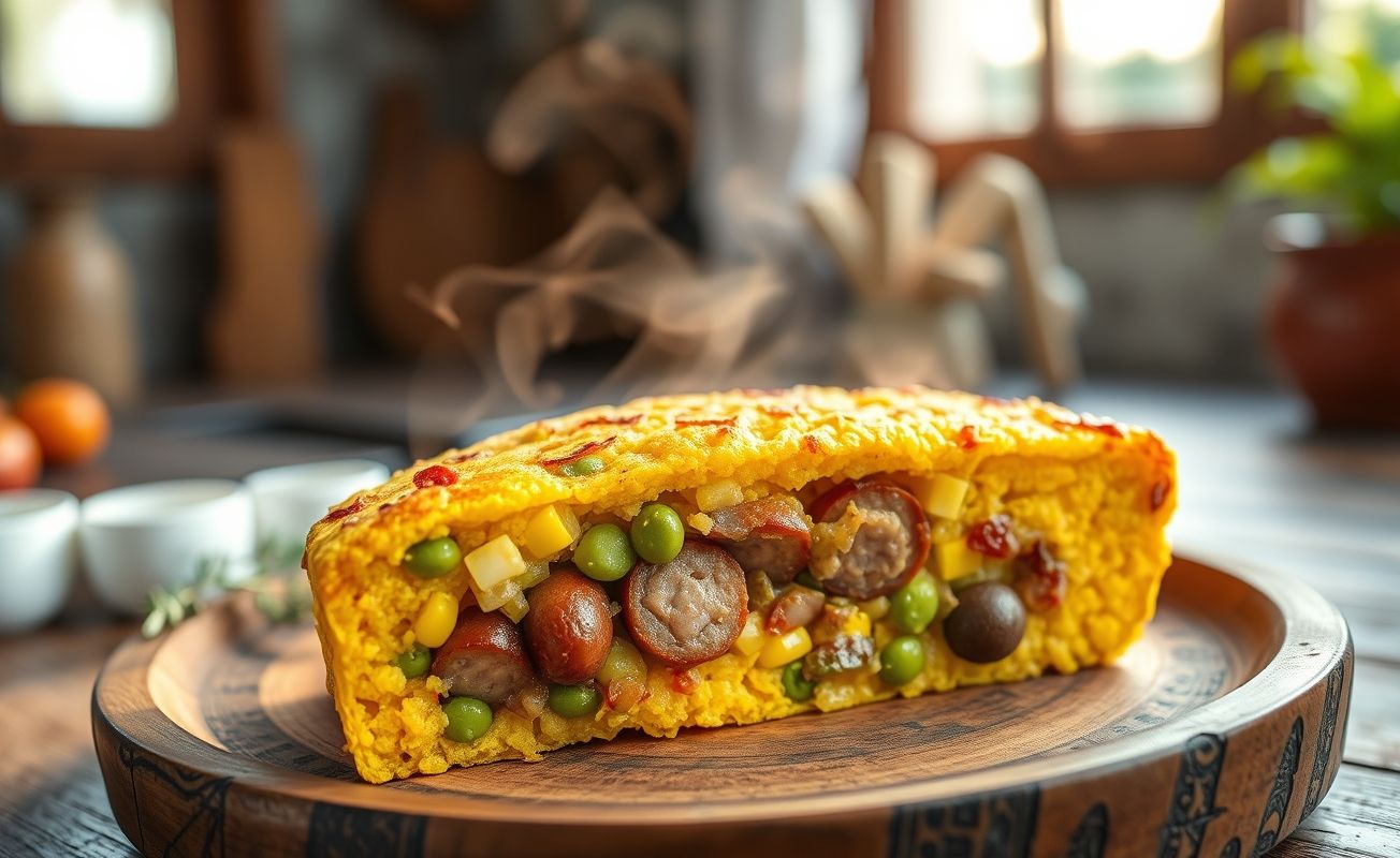 Fatia de Cuscuz Paulista mostrando os ingredientes internos como salsichas, milho, ervilhas e azeitonas em fundo rústico