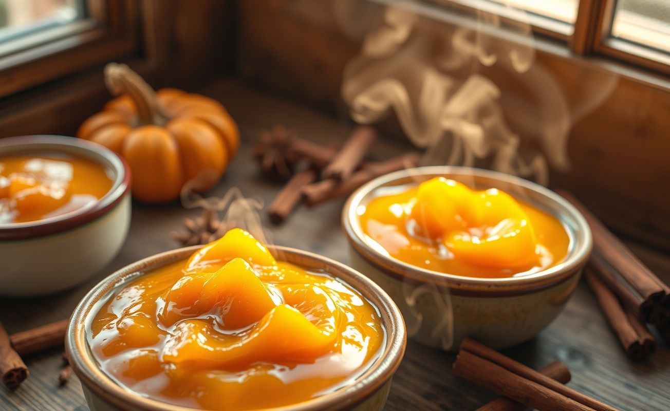 Doce de abóbora tradicional brasileiro servido em tigela de cerâmica, textura cremosa e cor laranja-dourada com canela em pau