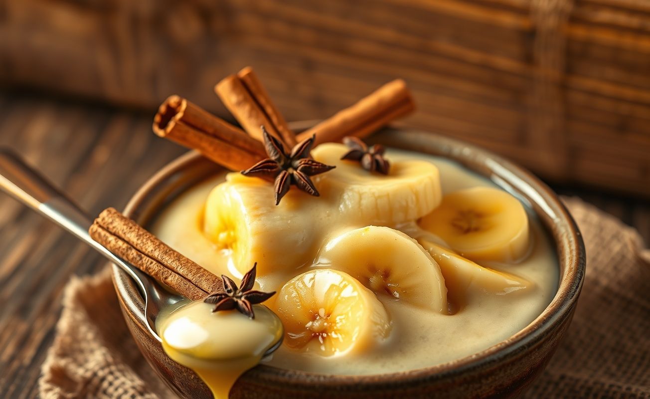 Doce de banana caseiro tradicional em bowl de cerâmica com canela em pau e cravo, textura cremosa e cor dourada apetitosa