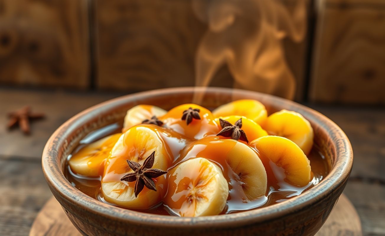 Doce de banana tradicional em bowl cerâmico com calda caramelizada, bananas em rodelas e especiarias visíveis